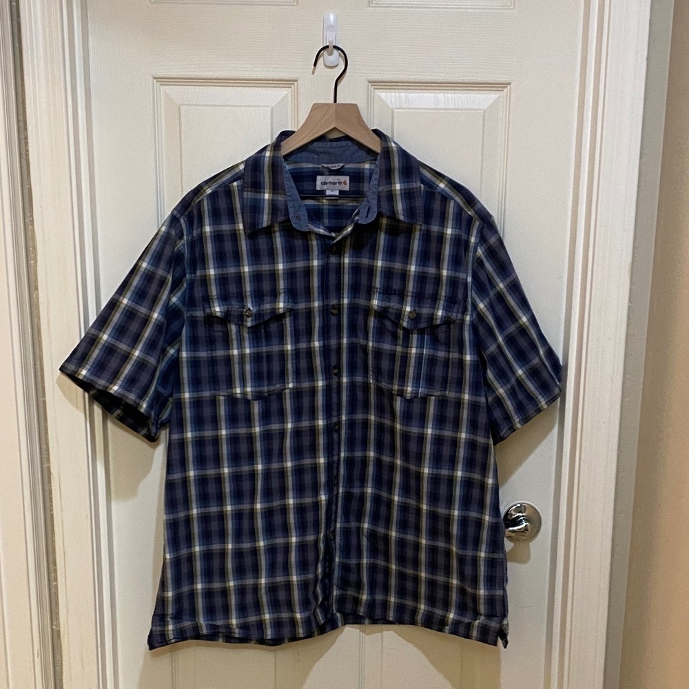 Carhartt-Men's Button Down Short Sleeve Shirt-Blue Yellow Plaid-Relaxed Fit- XL